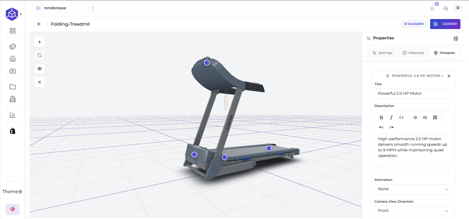 RenderEase Configurator Editor interface showing 3D model properties