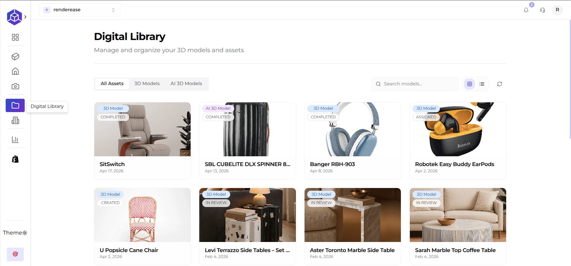 Digital Library dashboard displaying versioned 3D assets and PBR textures