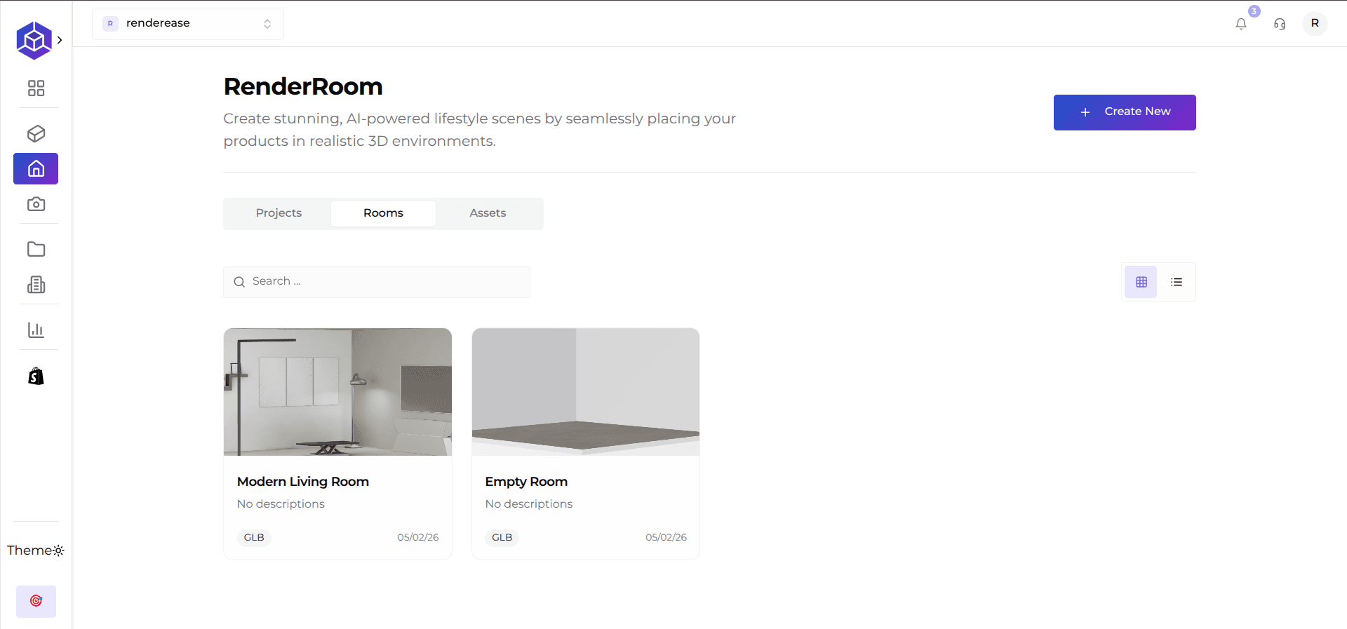 RenderRoom staging environment for creating 3D lifestyle scenes
